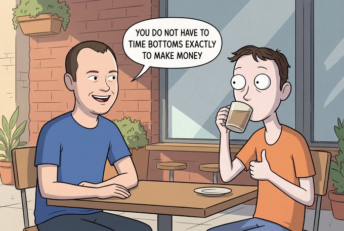 The image depicts two men sitting at a table with drinks in front of them. One man has an orange shirt while the other wears a blue shirt. They are engaged in conversation, possibly discussing their plans for the day or sharing some personal stories. The scene takes place outdoors and is set against a brick wall backdrop.
