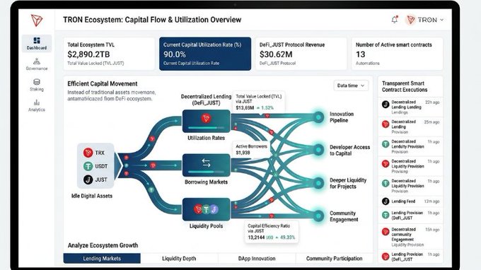 TRON Ecosystem Capital Flow & Utilization Overview dashboard displaying $2.89B TVL, 90.0% capital utilization, $30.62M DeFi_JUST revenue, 13 active contracts, with flow diagrams showing lending, borrowing, and liquidity pools.