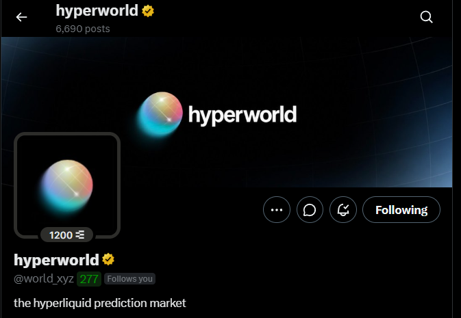 A screenshot of the verified X (Twitter) profile for "hyperworld" (@world.xyz) with 6,690 posts, featuring an iridescent sphere logo and describing itself as "the hyperliquid prediction market." The account is being followed and shows 1,200 mentions, tying into the post about HYPERSOLANA & HYPERSEASON as a hub for Hyperliquid ecosystem updates.
