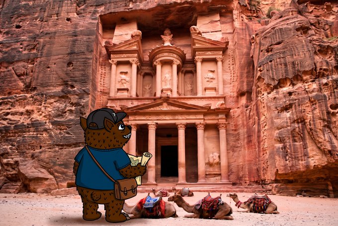 A cartoon illustration of a furry character with a backpack standing in front of a carved stone temple with camels.