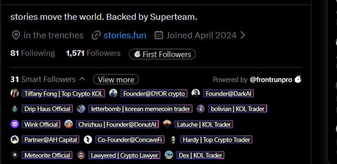A social media profile header for "stories.fun" showing 81 Following and 1,571 Followers, joined April 2024, featuring a list of "Smart Followers" including Tiffany Fong, Drip Haus Official, Wink Official, and various crypto KOLs and founders.