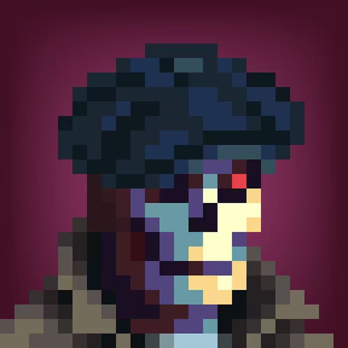Pixel art style portrait of a person with dark curly hair against a maroon background.