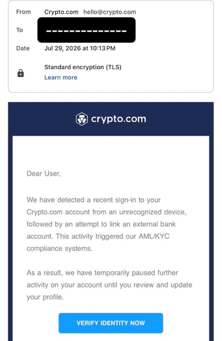 A phishing email purporting to be from Crypto.com (hello@crypto.com) warns the recipient of a sign-in from an unrecognized device and urges them to "VERIFY IDENTITY NOW," illustrating the type of fake security alert scammers use to trick users into revealing credentials and adding attacker-controlled passkeys.