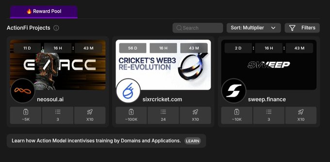 A 'Reward Pool' dashboard for 'ActionFi Projects' features three project cards: neosoul.ai (G-RACE), sixcricket.com (Cricket's Web3 Re-Evolution), and sweep.finance (SWEEP), displaying countdown timers and multiplier statistics.