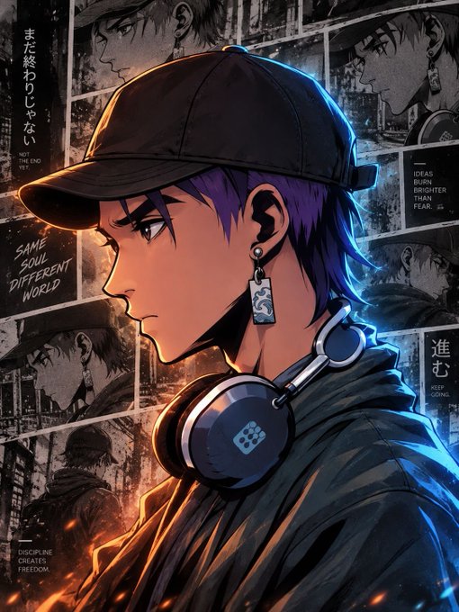 An anime-style illustration features a young man with purple hair wearing a black cap, headphones, and a dangling earring, with phrases like 'SAME SOUL DIFFERENT WORLD' and 'KEEP GOING' in the background.
