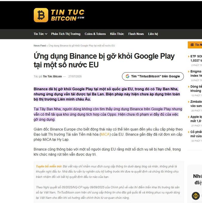 Vietnamese news article from TIN TUC BITCOIN.com with headline 'Ứng dụng Binance bị gỡ khỏi Google Play tại một số nước EU' discussing the Binance app being removed from Google Play in some EU countries, dated 27/07/2026.