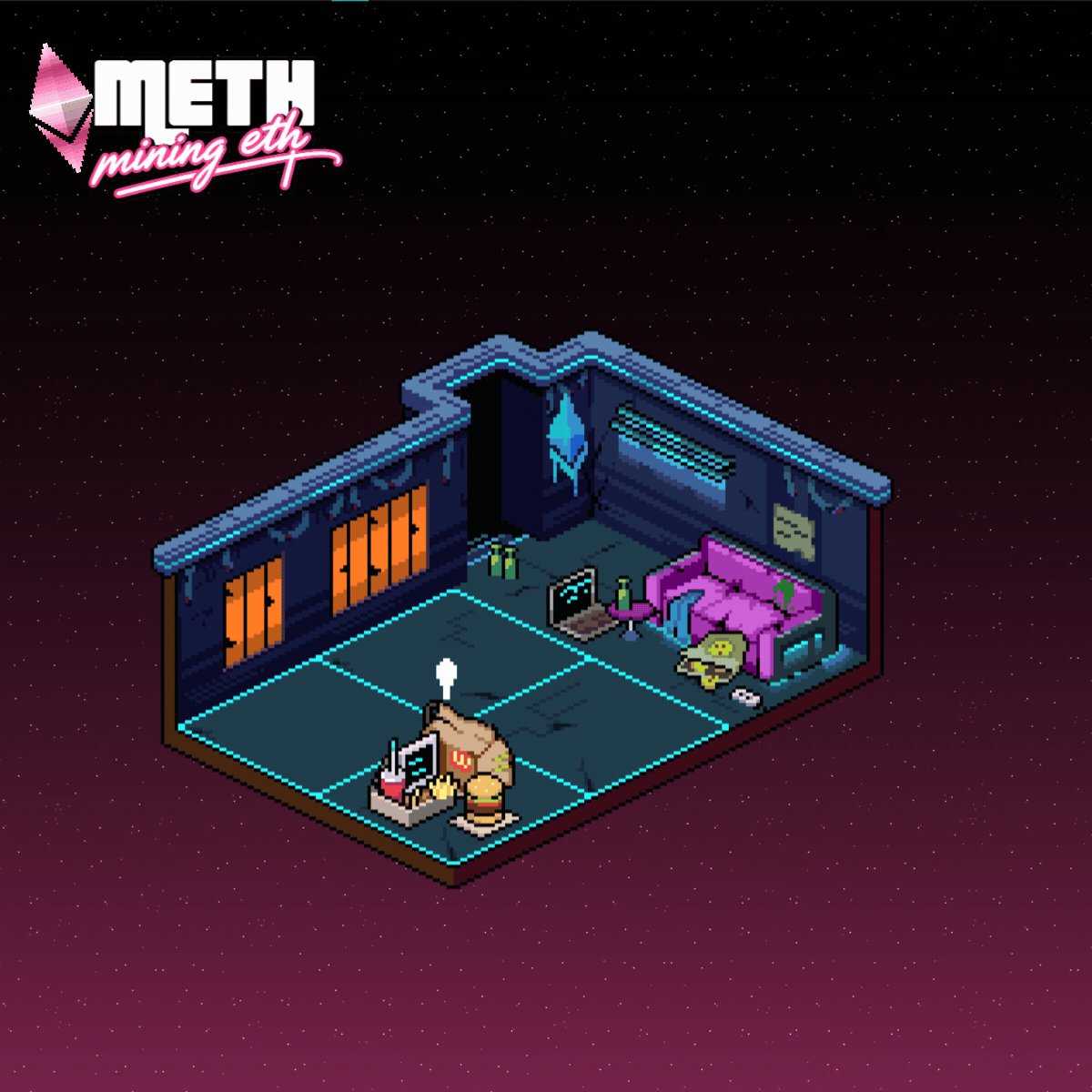 The image shows a room with a purple couch, a computer desk, and a monitor. There is also a small robot sitting on top of the desk. The room has a neon pink color scheme, giving it an futuristic appearance. A sign above the desk reads "METH mining eth". The post suggests that anyone can enter METH to mine ethically, as long as they follow the code and contribute to the deflationary process by mining ethically.