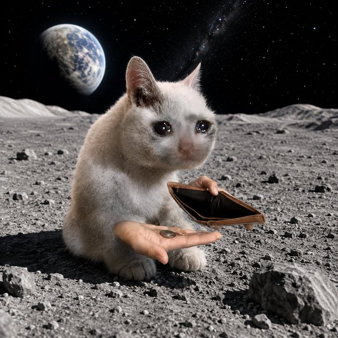 A digitally generated image of a wide-eyed white cat sitting on a lunar landscape with Earth visible in the background, holding a small plastic hand that is opening a brown wallet containing a coin.