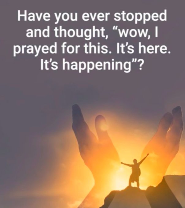 A silhouette of a small figure with arms raised triumphantly atop a rock, cradled between two giant hands in a warm sunset. The text reads: "Have you ever stopped and thought, 'wow, I prayed for this. It's here. It's happening'?" The image conveys gratitude and answered prayers, fitting the Sunday Vibes theme of reflecting on blessings—likely referencing positive momentum for $SHIB being realized.