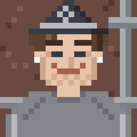 A pixel art illustration depicting a person with a beard and a dark blue and white hat, holding a gray sword, set against a solid reddish-brown background.