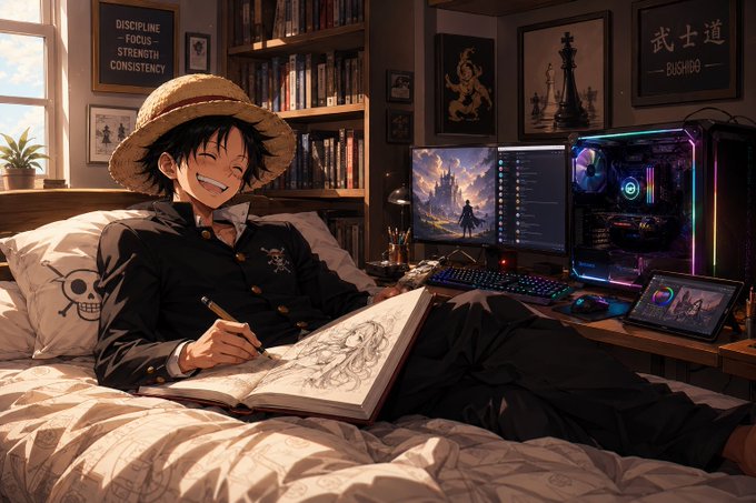 Anime-style illustration of a smiling character wearing a straw hat and a black uniform, sketching in a notebook while lounging on a bed next to a gaming PC setup with RGB lighting and posters reading 'DISCIPLINE FOCUS STRENGTH CONSISTENCY' and '武士道 BUSHIDO'.