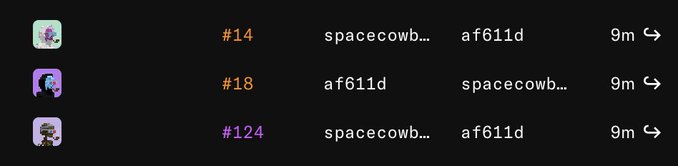 A digital interface showing a list of transactions with avatars, codes like '#14', '#18', and '#124', addresses labeled 'spacecowb...', and the code 'af611d'.