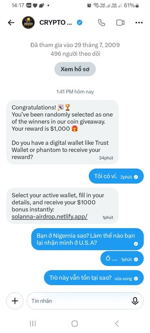 A Twitter DM conversation with 'CRYPTO...' shows a suspicious coin giveaway message offering a $1,000 reward via solanna-airdrop.netlify.app, followed by skeptical responses in Vietnamese.