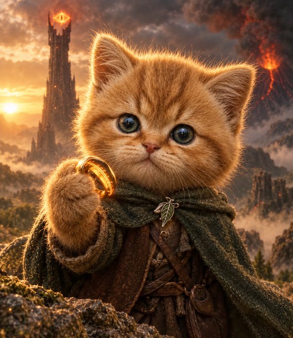 An adorable orange kitten clutches a glowing golden ring, dressed in a hooded cloak reminiscent of a fantasy adventurer, with a fiery tower and erupting volcano in the background—evoking "Lord of the Rings" imagery that ties to the "$CATOFRING" meme coin post about a tiny cat finding "the precious" ring.

The address visible: 64wcDvwJ2uAEqdJti2j5Qy67PgXBZ3o7CBb9jpY7pump
