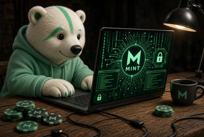 An animated polar bear mascot wearing a green hoodie works on a laptop displaying the 'MINT' logo alongside code, with M-branded coins and a coffee mug on the wooden desk.