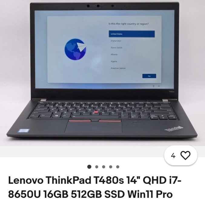 The image shows a Lenovo ThinkPad T480s laptop displaying a Windows 11 country/region setup screen, with product details "Lenovo ThinkPad T480s 14" QHD i7-8650U 16GB 512GB SSD Win11 Pro" listed below. The laptop appears as a visual representation of an "online machine" referenced in the post, which discusses using an online computer to create a PSBT before signing it offline with Electrum on Tails for enhanced cryptocurrency security.
