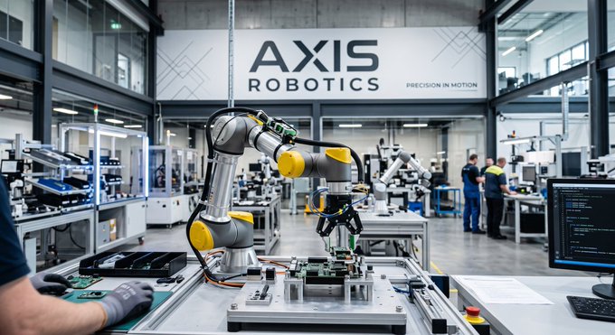 An industrial facility featuring a large 'AXIS ROBOTICS - PRECISION IN MOTION' sign on the wall, with a yellow and silver robotic arm in the foreground and workers in a robotics manufacturing environment.
