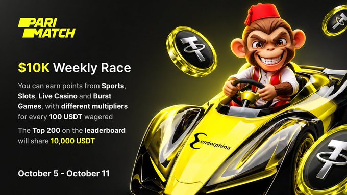 A Parimatch promotional graphic for a '2 the 10K Weekly Race' running October 5 - October 11, featuring a cartoon monkey driving a yellow race car with gambling chips flying around.
