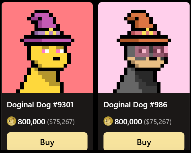 Two pixel-art NFT profile pictures labeled 'Doginal Dog #9301' (with a purple hat) and 'Doginal Dog #986' (with an orange hat), both listed for 800,000 ($75,267) with 'Buy' buttons.