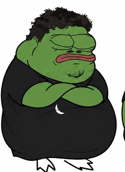 A cartoon illustration of a green, heavyset Pepe-style character with curly black hair, stubble, and a black t-shirt, standing with arms crossed.