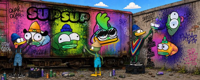 A colorful graffiti mural on a train car and wall featuring cartoon characters including ducks in beanies and a green fish-like character, with spray paint cans scattered on the ground below; tags visible include "QUAK QUAK," "SUDSU," "SKREET," "STAY COOL," and "HAPZA."