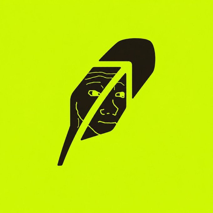A stylized black logo of a hooded figure with green eyes set against a bright lime-green background.