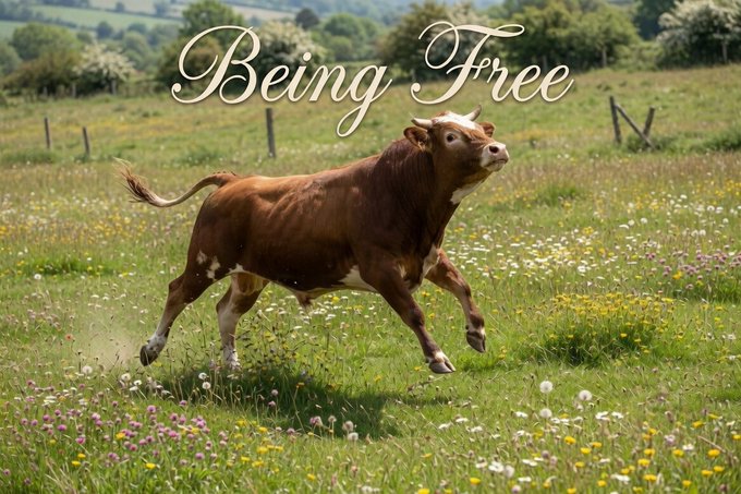 urn of flowers blooming in a field, with the text "Being Free" above it and a brown cow running through the center.