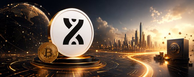 A cryptocurrency-themed image featuring a central XZ token (with Bitcoin nearby) on a pedestal, set against a futuristic golden cityscape with a safe on the right.