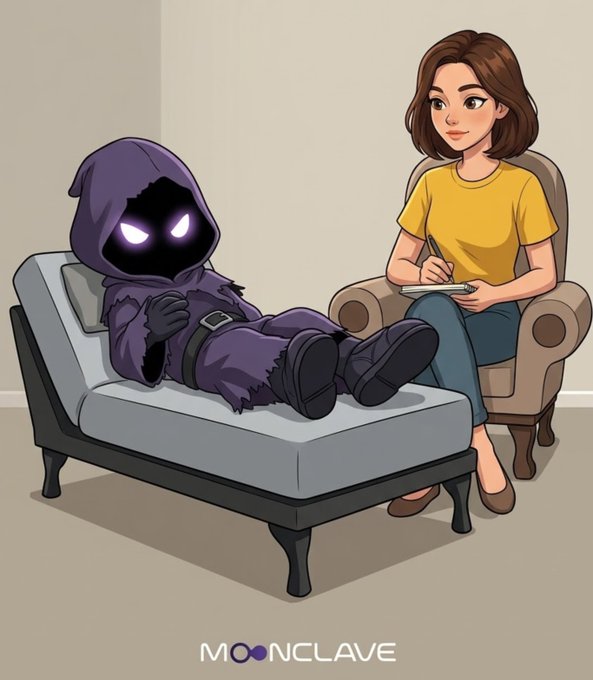 A hooded figure with glowing purple eyes reclines on a therapy couch while a woman in a yellow shirt takes notes, with "MOONCLAVE" branding at the bottom—visually framing the platform's analytical approach to user opinions as something to be examined and measured, mirroring the concept of prediction markets that transform thoughts into quantifiable data.