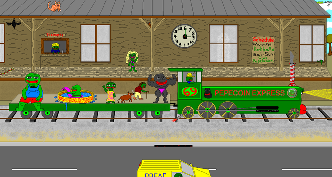The image features a cartoon train with a green locomotive traveling down tracks next to a building. The train has several passengers, including a man dressed as a frog, a woman dressed as a dog, and another person wearing a blue shirt. A clock is visible on the side of the building, and there are two cars in the scene - one yellow car parked near the train and another green car driving past it.

The post related to this image reads: "whether via the Kozy Kek Kart, the Best Fren Express, the Kekstone mobile, or the Pepecoin Express, it'S definitely about the frens made along the way." The post is written in a playful and humorous style, likely intended for children.