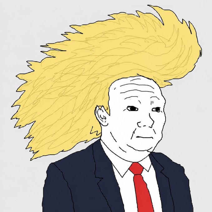 A Wojak-style drawing of a man in a suit and red tie with messy blonde hair, resembling a political caricature.