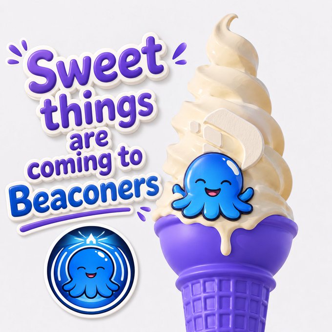 A purple soft-serve ice cream cone topped with a cute blue octopus-like character, accompanied by a circular emblem and the text 'Sweet things are coming to Beaconers'.