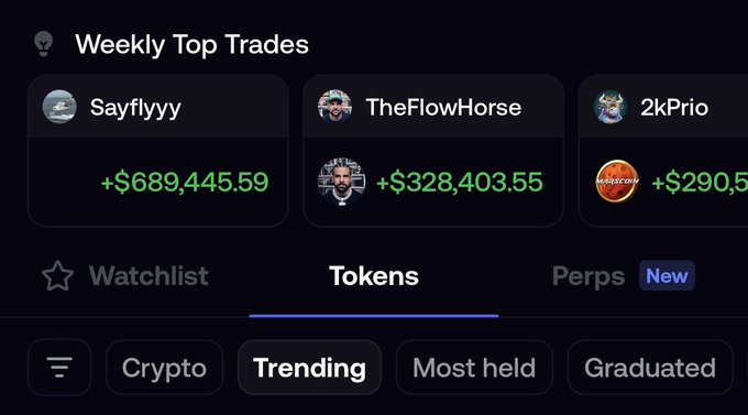 A user shares their disbelief at being made the largest holder of the $FROHORSE token after signing up, humorously referencing TheFlowHorse's impressive +$328,403.55 weekly profit shown at the top of the trending tokens leaderboard.