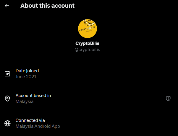 The image shows an "About this account" page for Twitter/X user **CryptoBilis** (@cryptobilis), a Malaysia-based account that joined in June 2021 and is connected via the Malaysia Android App. The account's logo features a yellow circle with what appears to be a bee character and the text "Crypto Billis."

This image relates to the post as it displays the profile of **CryptoBilis**, the Malaysian reseller that Ledger has asked to pause sales and shipments while investigating reports of lost funds from customers in South East Asia.