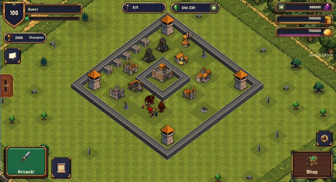 A screenshot of a mobile strategy/base-building game showing a walled fortress on grass, with 'Guest' level 100, 2500 Champion points, 9/5 progress, and Shop/Attack buttons.