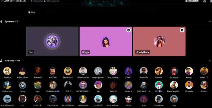 The image shows a Discord server interface titled "AMA WITH NUCLEUS" featuring 3 speaking participants (Nox, Shuga, and entgft.alt) and 40 audience members in voice channels, directly supporting the post's announcement that a live AMA with Nucleus is currently being hosted in the Metafrens Discord community for members to join.