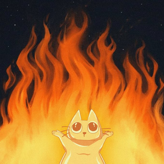 An illustration depicts a simple, wide-eyed cartoon cat character with its arms raised triumphantly in front of a massive, towering backdrop of orange and yellow flames set against a starry night sky.