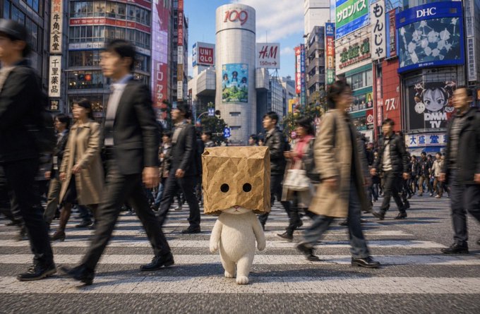 The small white creature, Danbo from "Yotsuba&!", stands still at a bustling Tokyo crosswalk with a cardboard box over its head, surrounded by motion-blurred businessmen rushing past. The image complements the caption by illustrating Danbo's literal interpretation of "the bag stays on," calmly standing out amid the chaotic urban scene featuring visible signage like "109," "H&M," and "DHC."