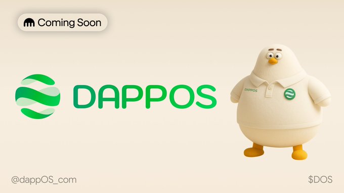 A promotional graphic with a 'Coming Soon' tag, the DAPPOS logo in green, a white bird mascot wearing DAPPOS branded polo and tag, and text '@dappOS_com' and '$DOS'.