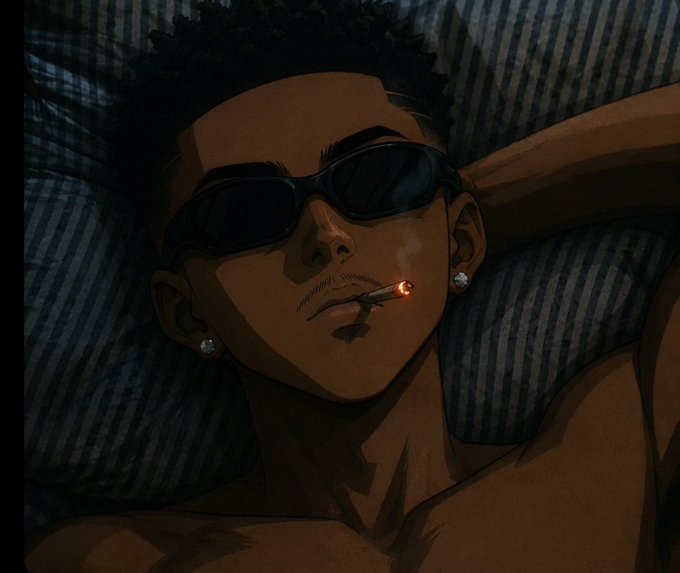 An anime-style illustration of a young man with sunglasses, lying down on a striped surface while smoking a lit cigarette.