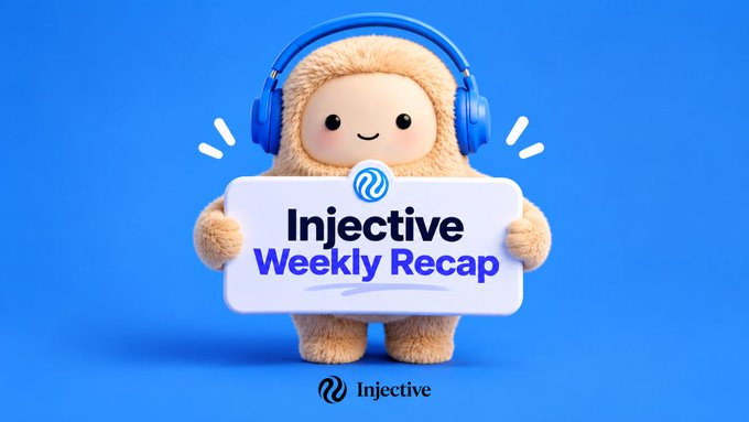 A 3D-rendered fluffy tan mascot wearing blue headphones holds a sign reading 'Injective Weekly Recap' against a blue background with the Injective logo below.