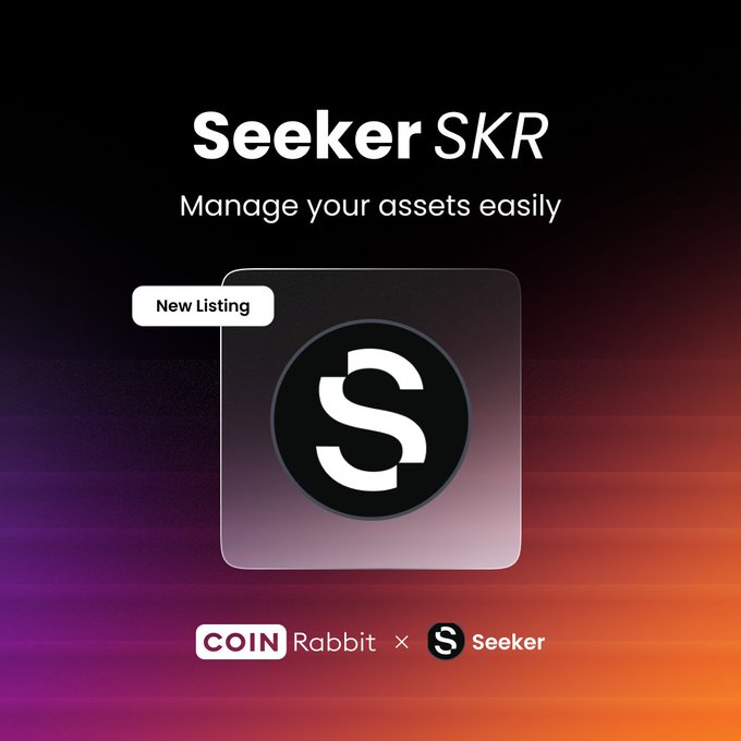 Promotional graphic for "Seeker SKR" with text "Manage your assets easily" and "New Listing," showing a CoinRabbit × Seeker partnership.