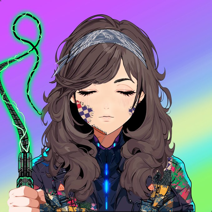 An anime-style digital illustration of a girl with brown hair, a patterned headband, and a patchwork jacket with her eyes closed, holding a glowing green whip-like weapon against a purple-to-green gradient background.