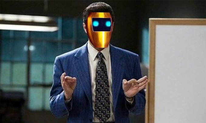 A man in a blue pinstripe suit and patterned tie stands in an office with his hands raised, wearing a gold robotic mask with glowing blue digital eyes.