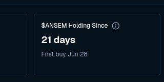 A screenshot showing "$ANSEM Holding Since 21 days, First buy Jun 28," which the post uses to highlight the patience required, as holding Ansem-related meme coins like $CASHCAT led to extreme gains followed by a sharp 65% crash and ongoing decline.