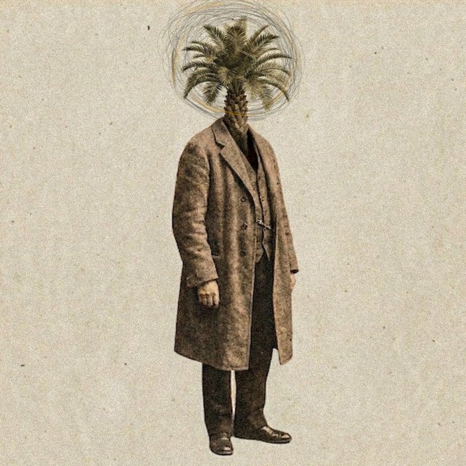 A surreal vintage-style illustration of a figure in a long brown coat where the head is replaced by a palm tree, surrounded by a sketchy circular halo against a textured off-white background.