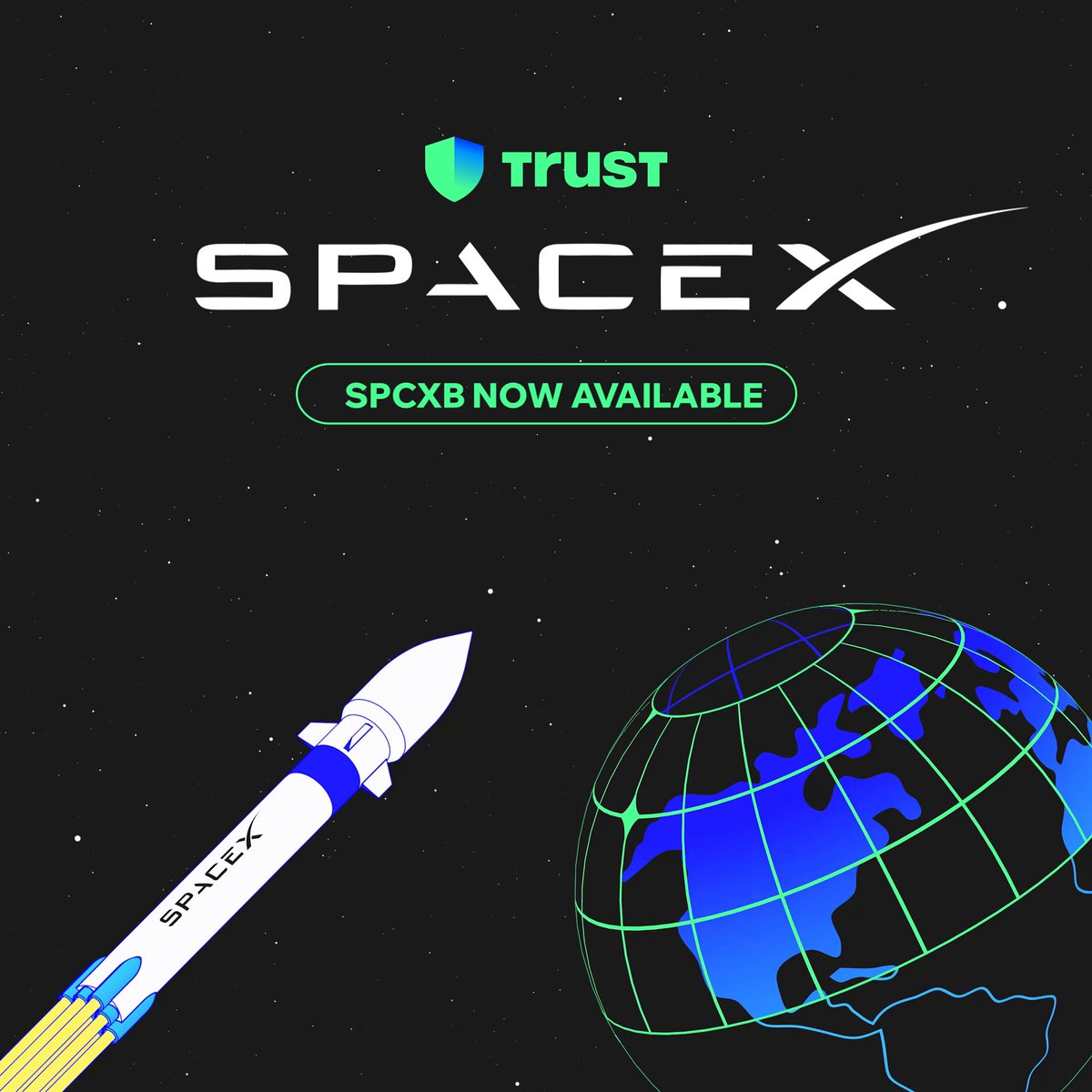 The image features a rocket ship flying through space next to a globe with blue and green colors. The text "SpaceX" is written above the rocket, while "SPCXB" is below it. The background of the image is black, making the white text stand out prominently. The post also mentions that the website "short.trustwallet.com/bstocks" is available for users to access their Trust Wallet and invest in stocks like SPCX.