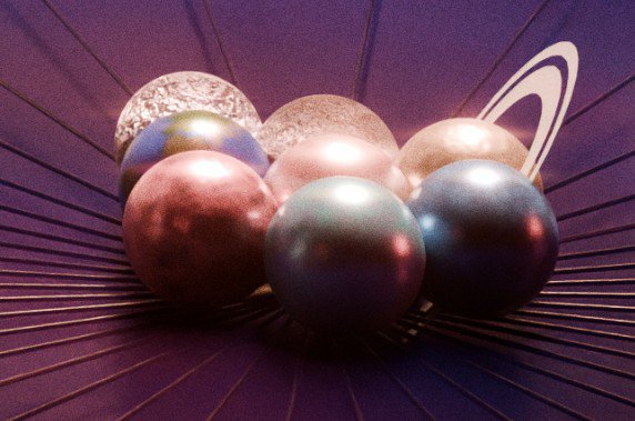A 3D render showing a cluster of colorful planets with rings against a dark purple background with radiating lines.