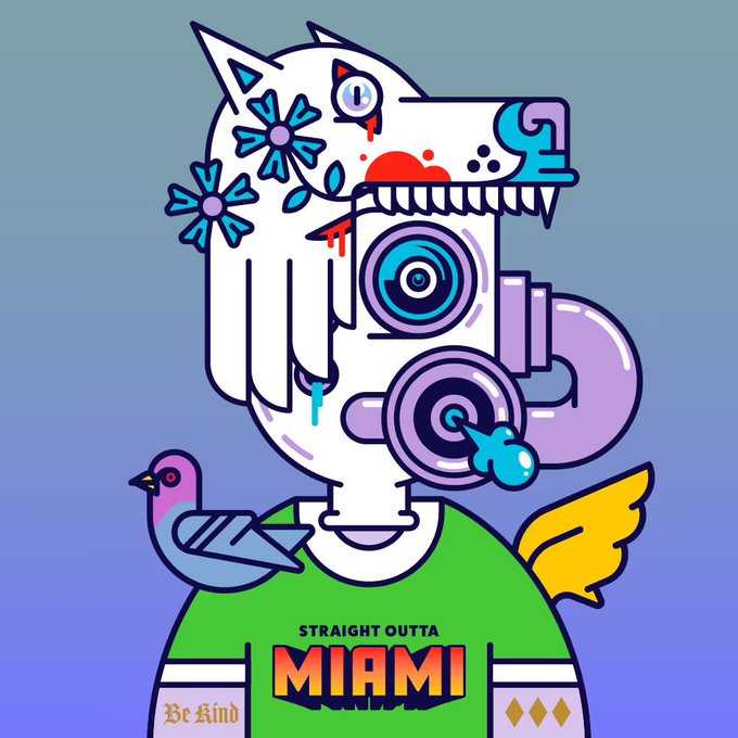 The image features a cartoon depiction of a person wearing a white shirt that says "Straight Outta Miami" along with an orange bird perched on their shoulder, surrounded by various other elements such as flowers and a pipe. The background color is blue, which contrasts with the white shirt and adds to the overall visual appeal of the artwork. The post appears to be related to the campaign #BeKindWithMIMI, as indicated by the text "Good morning and Happy new month CT! This post is made to ppreciate the RT with @Appreciators_IO And Yes! I love MIMI too!! The campaign on @3look_io ends soon, but the reflex is showing on how I just feel like getting more ORIGINLS Climbing the leaderboard with my 2X".