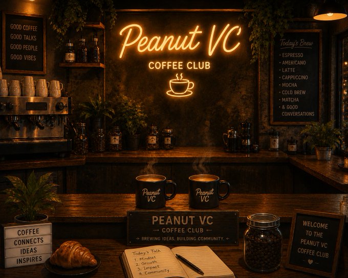 The image showcases a cozy, warmly lit "Peanut VC Coffee Club" scene featuring two branded coffee mugs with steam rising, an espresso machine, and chalkboards displaying the day's brew menu (Espresso, Americano, Latte, Cappuccino, Mocha, Cold Brew, Matcha) alongside motivational signs like "Good Coffee, Good Talks, Good People, Good Vibes."

The setup directly ties to the "Grand Tuesday Peanut Family" post, visually inviting @YUNVME7 and Radster to settle in for the casual chat, with a notebook listing "Today's Talk" topics (Mindset, Growth, Impact, Community) ready to spark conversation over coffee.